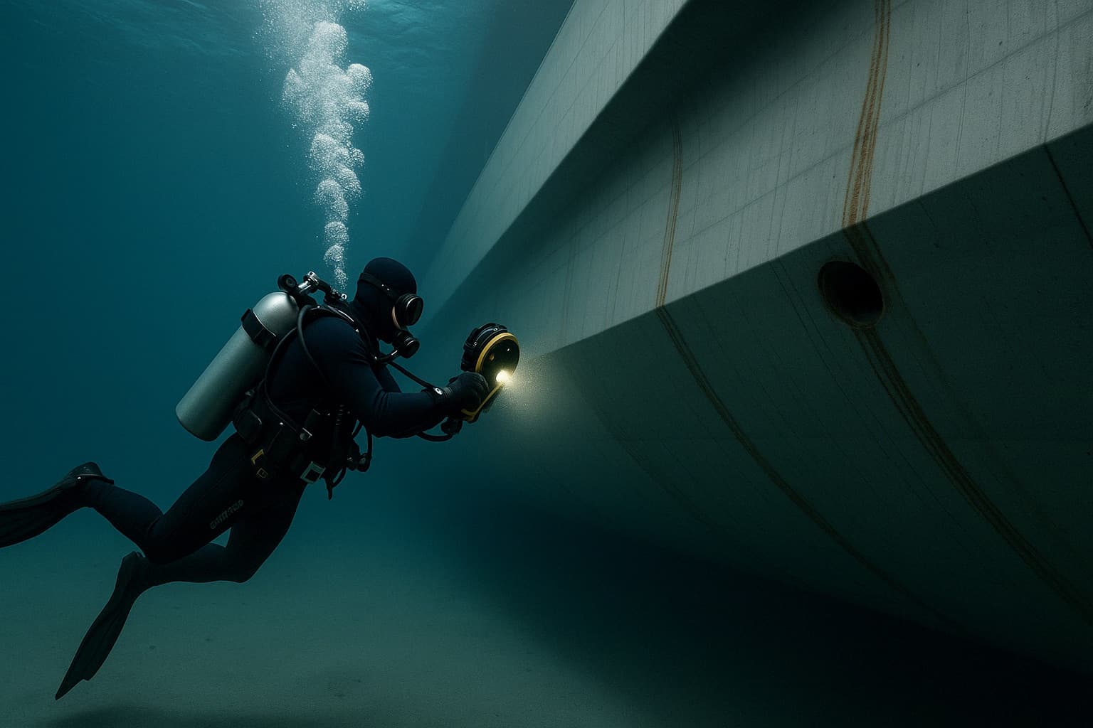 Almancy commercial diving team preparing surface-supplied diving equipment